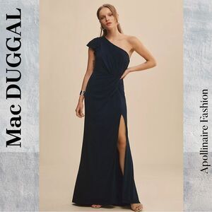 MAC DUGGAL ONE SHOULDER RUFFLED DRAPED COLUMN GOWN IN NAVY SIZE 14 NEW